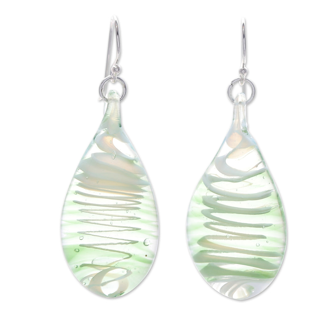 Handblown Glass Dangle Earrings with Light Green Spirals - Bright Green Ovate Leaf