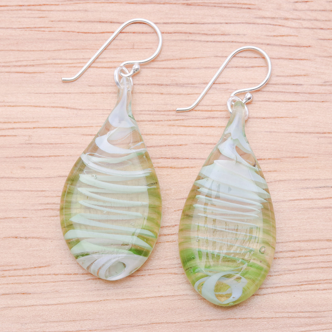 Handblown Glass Dangle Earrings with Light Green Spirals - Bright Green Ovate Leaf