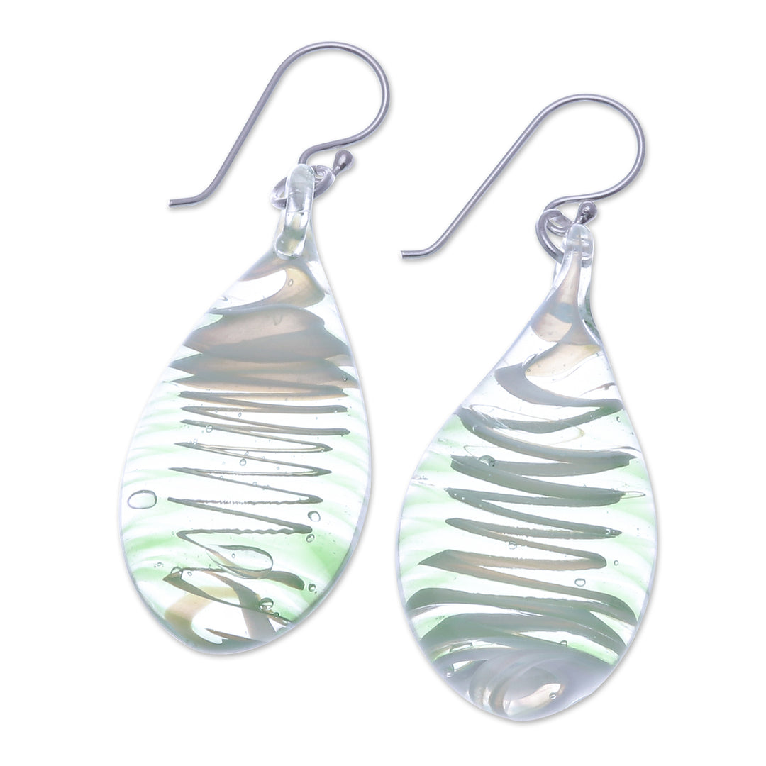 Handblown Glass Dangle Earrings with Light Green Spirals - Bright Green Ovate Leaf