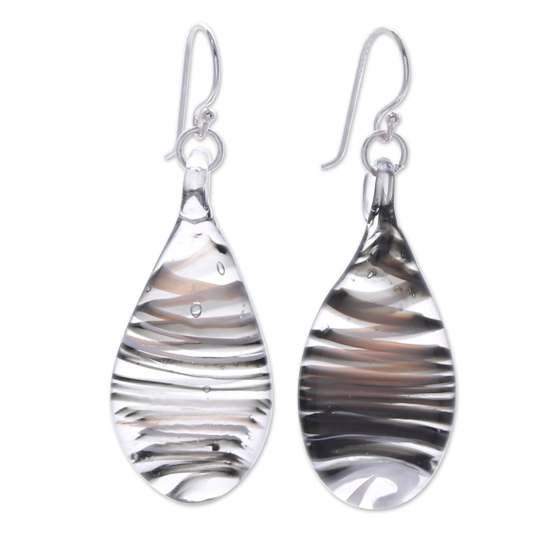 Handblown Glass Dangle Earrings with Black Spirals - Black Ovate Leaf