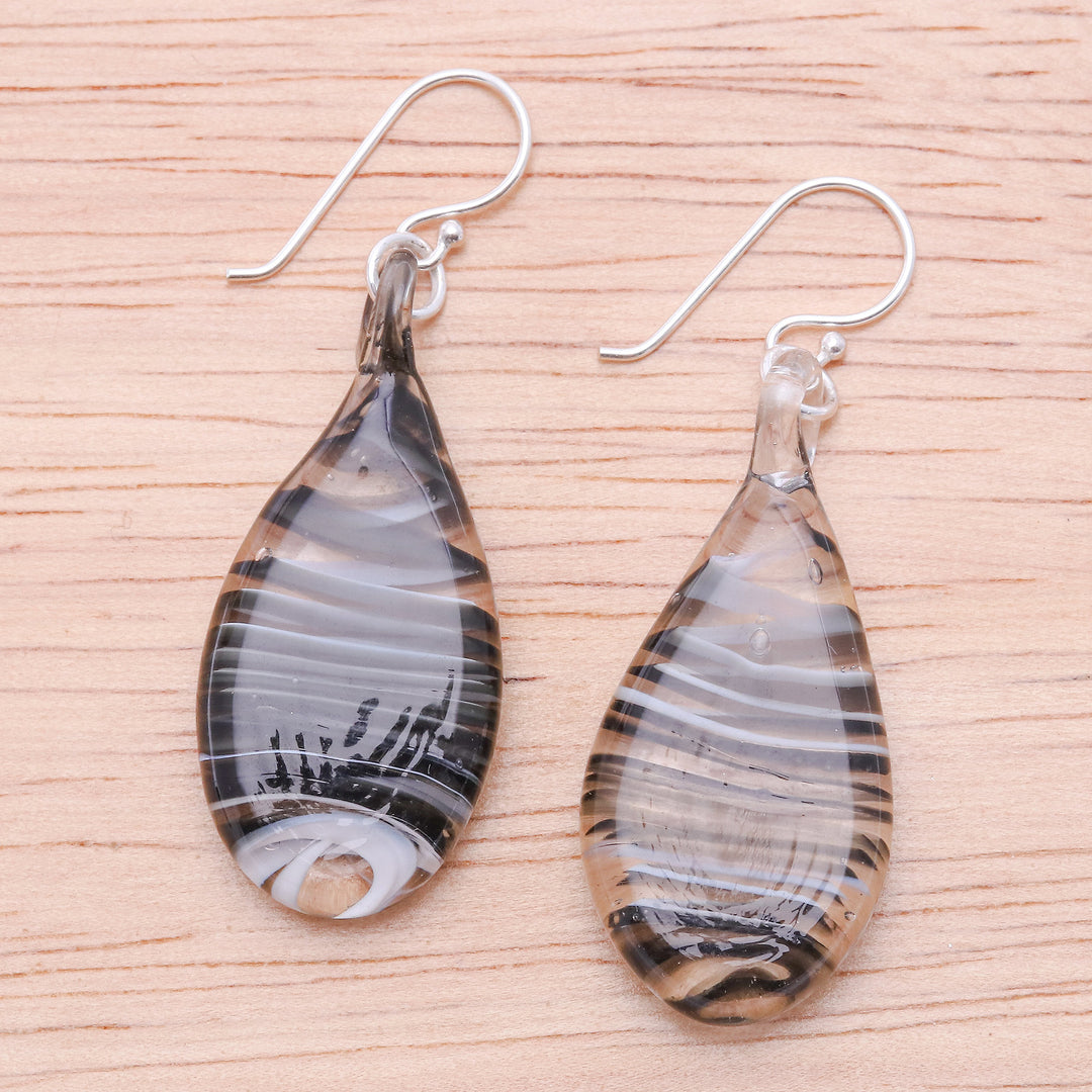Handblown Glass Dangle Earrings with Black Spirals - Black Ovate Leaf