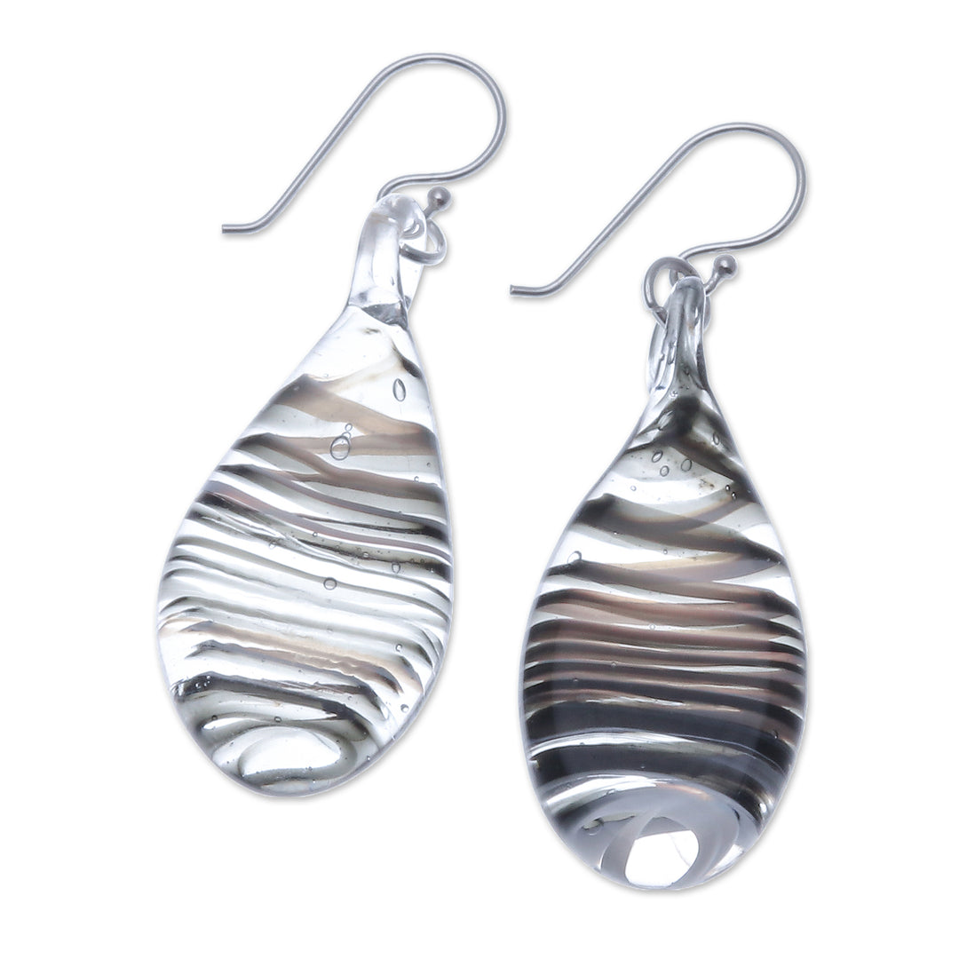 Handblown Glass Dangle Earrings with Black Spirals - Black Ovate Leaf