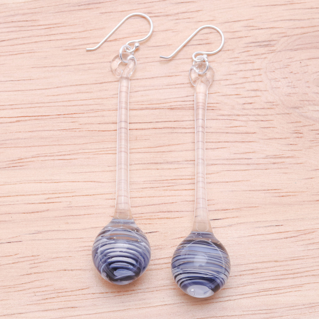 Handblown Abstract Clear and Black Glass Dangle Earrings - Shadow Pendulum