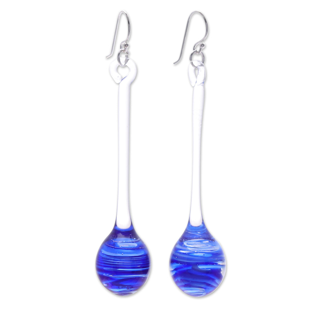 Handblown Abstract Clear and Blue Glass Dangle Earrings - Blue Pendulum
