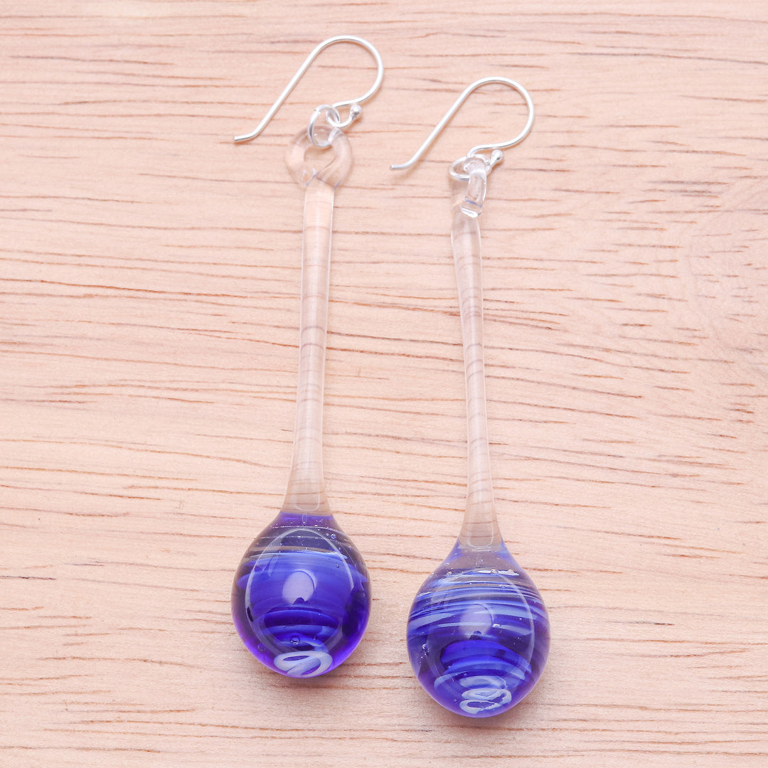 Handblown Abstract Clear and Blue Glass Dangle Earrings - Blue Pendulum