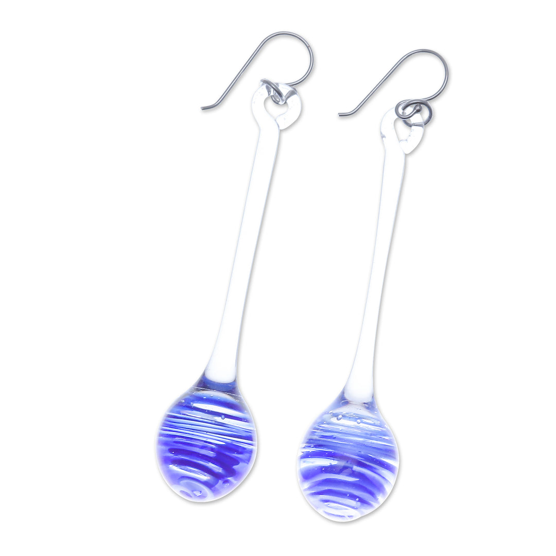 Handblown Abstract Clear and Blue Glass Dangle Earrings - Blue Pendulum