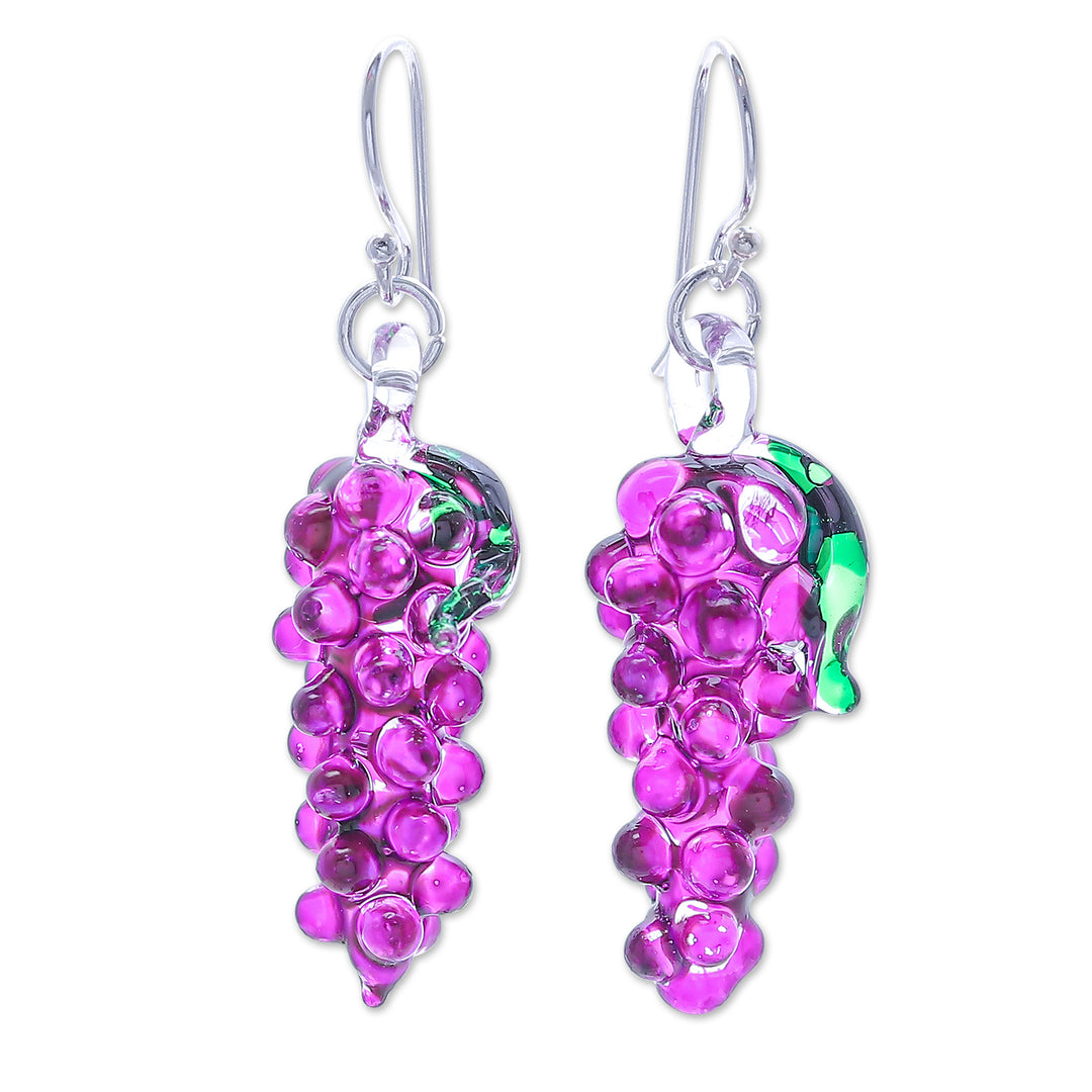 Grape Themed Handblown Glass Dangle Earrings in Purple - Purple Grapes