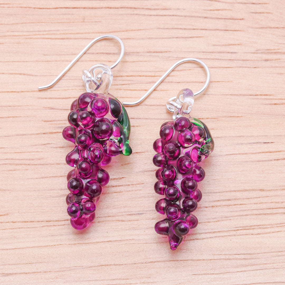 Grape Themed Handblown Glass Dangle Earrings in Purple - Purple Grapes