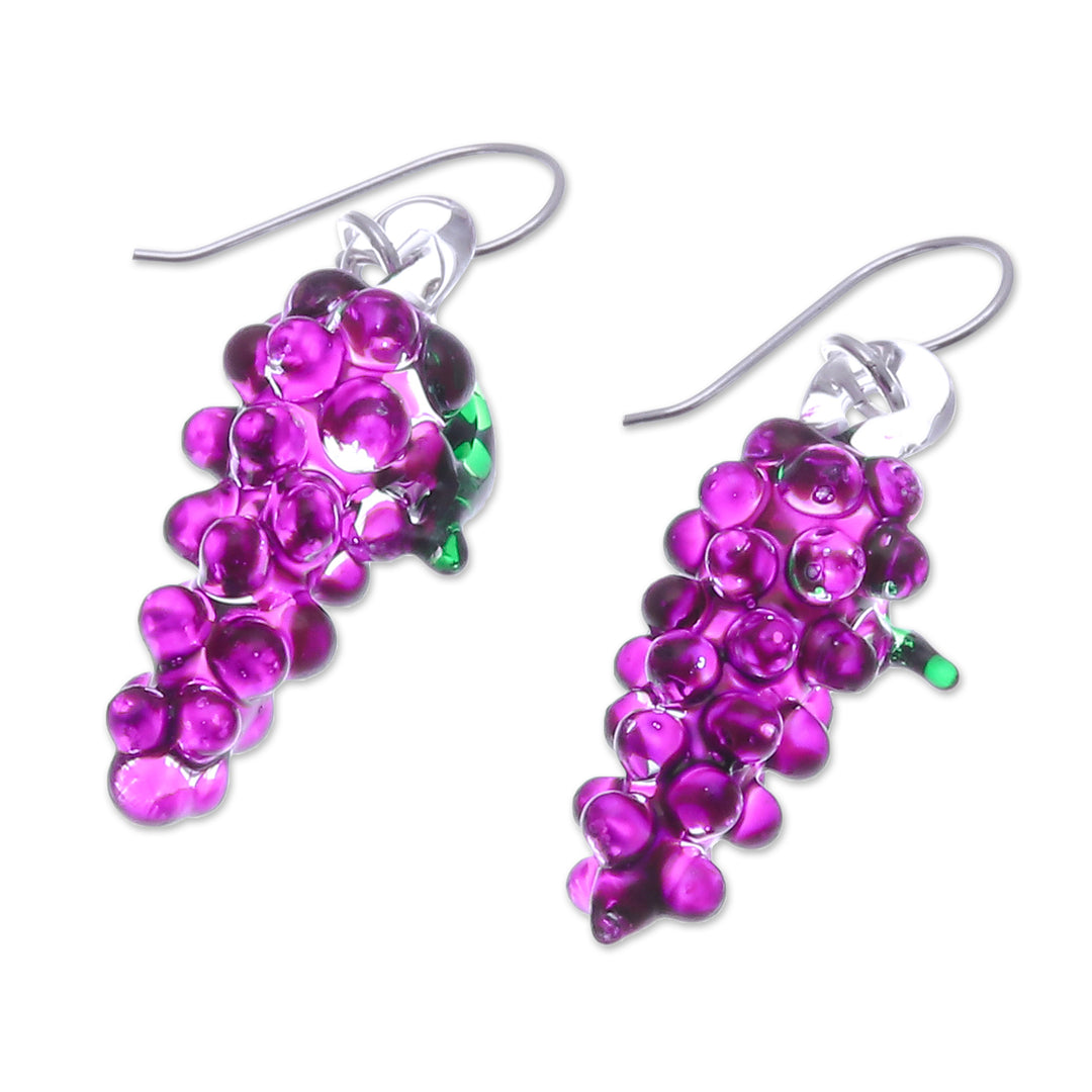 Grape Themed Handblown Glass Dangle Earrings in Purple - Purple Grapes