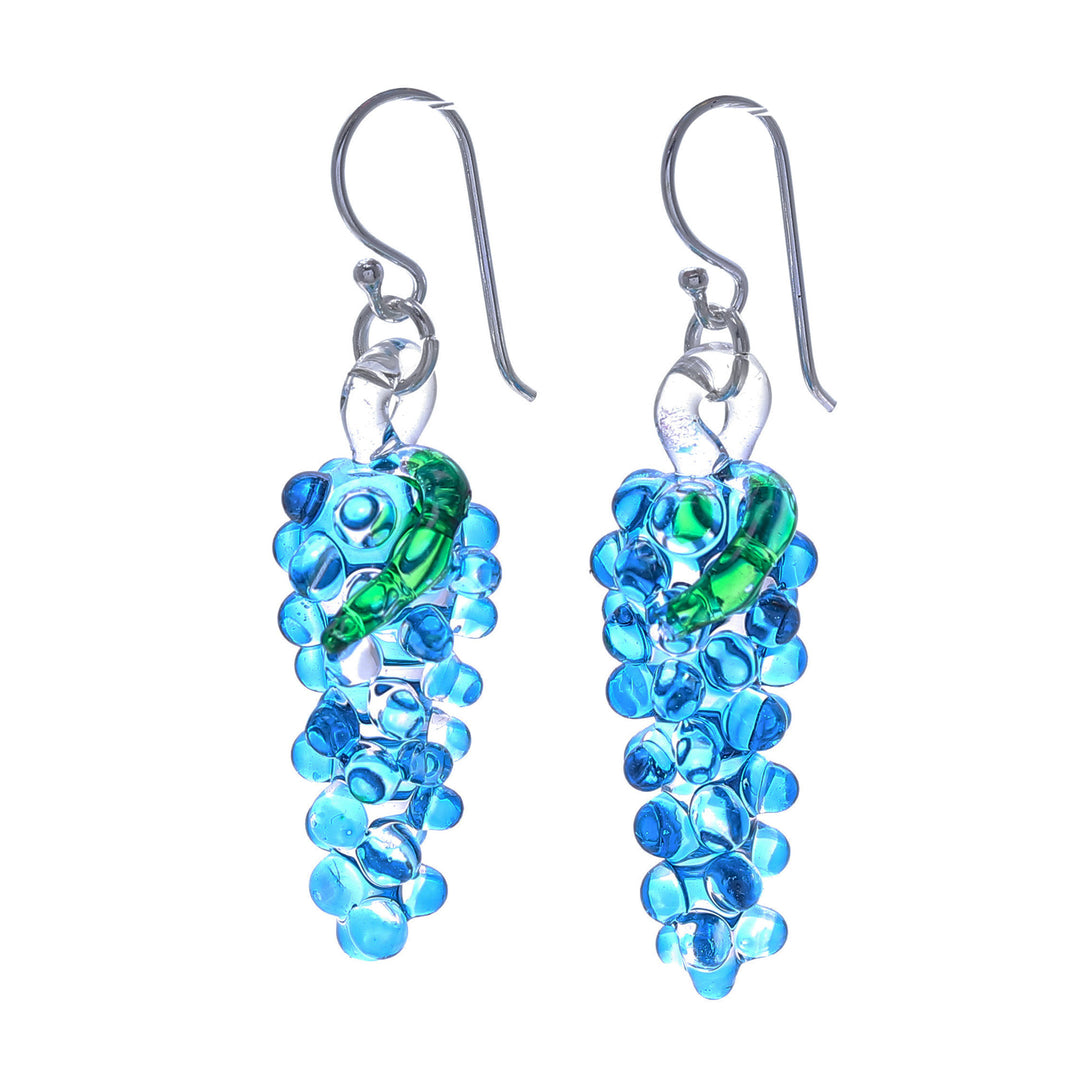 Blue & Green Grape-Inspired Handblown Glass Dangle Earrings - Azure Grapes