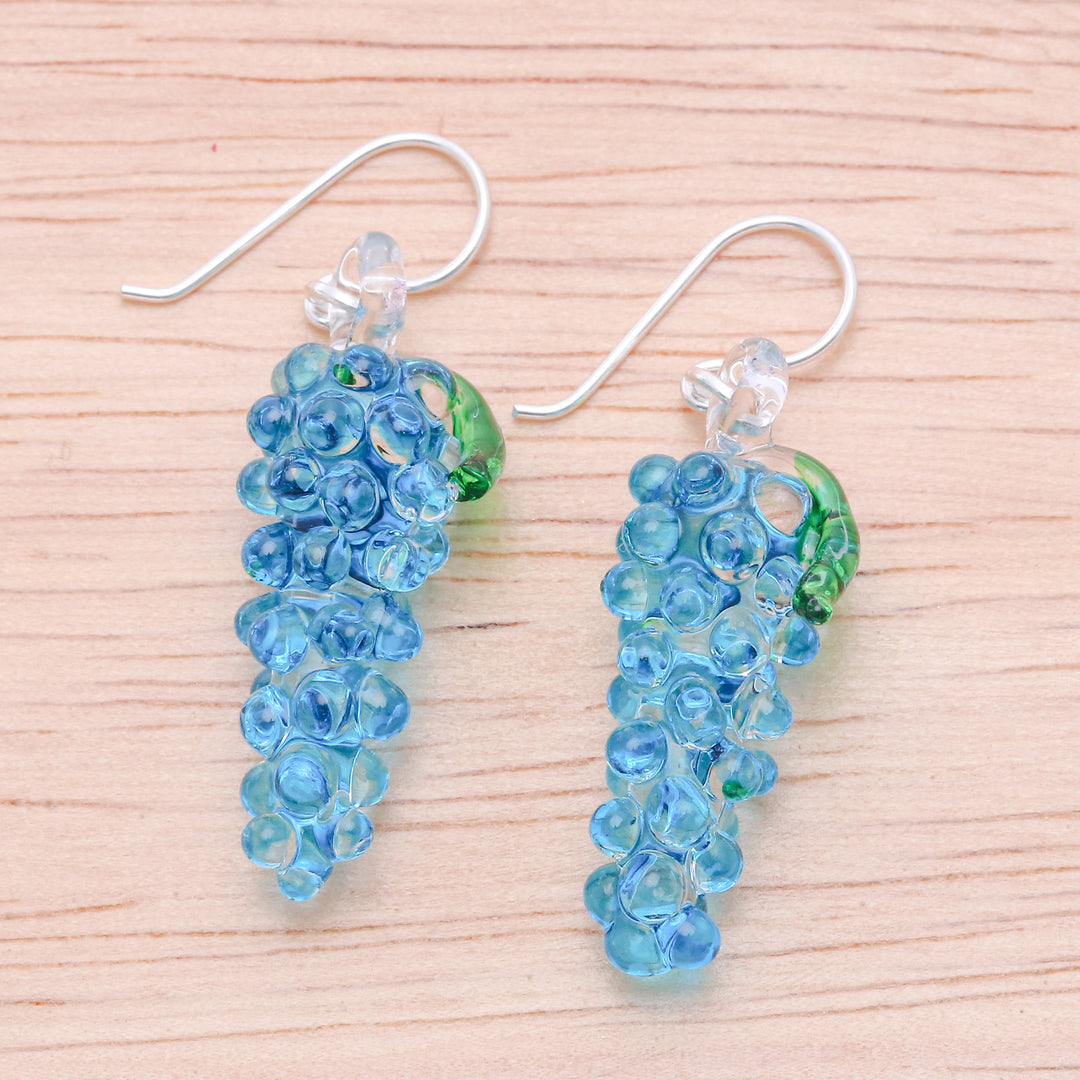 Blue & Green Grape-Inspired Handblown Glass Dangle Earrings - Azure Grapes