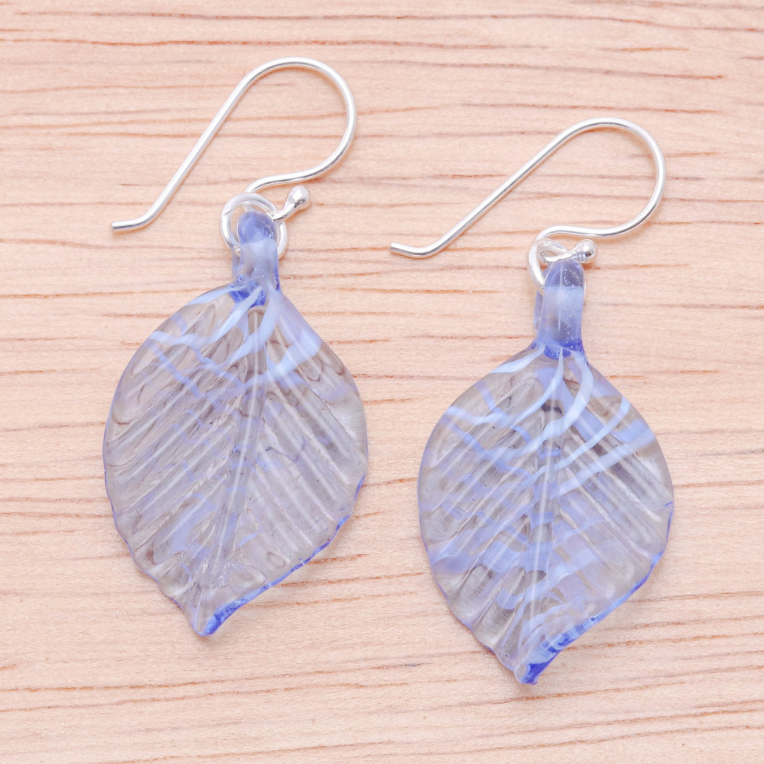 Handblown Striped Blue and Clear Glass Leaf Dangle Earrings - Heavenly Foliage