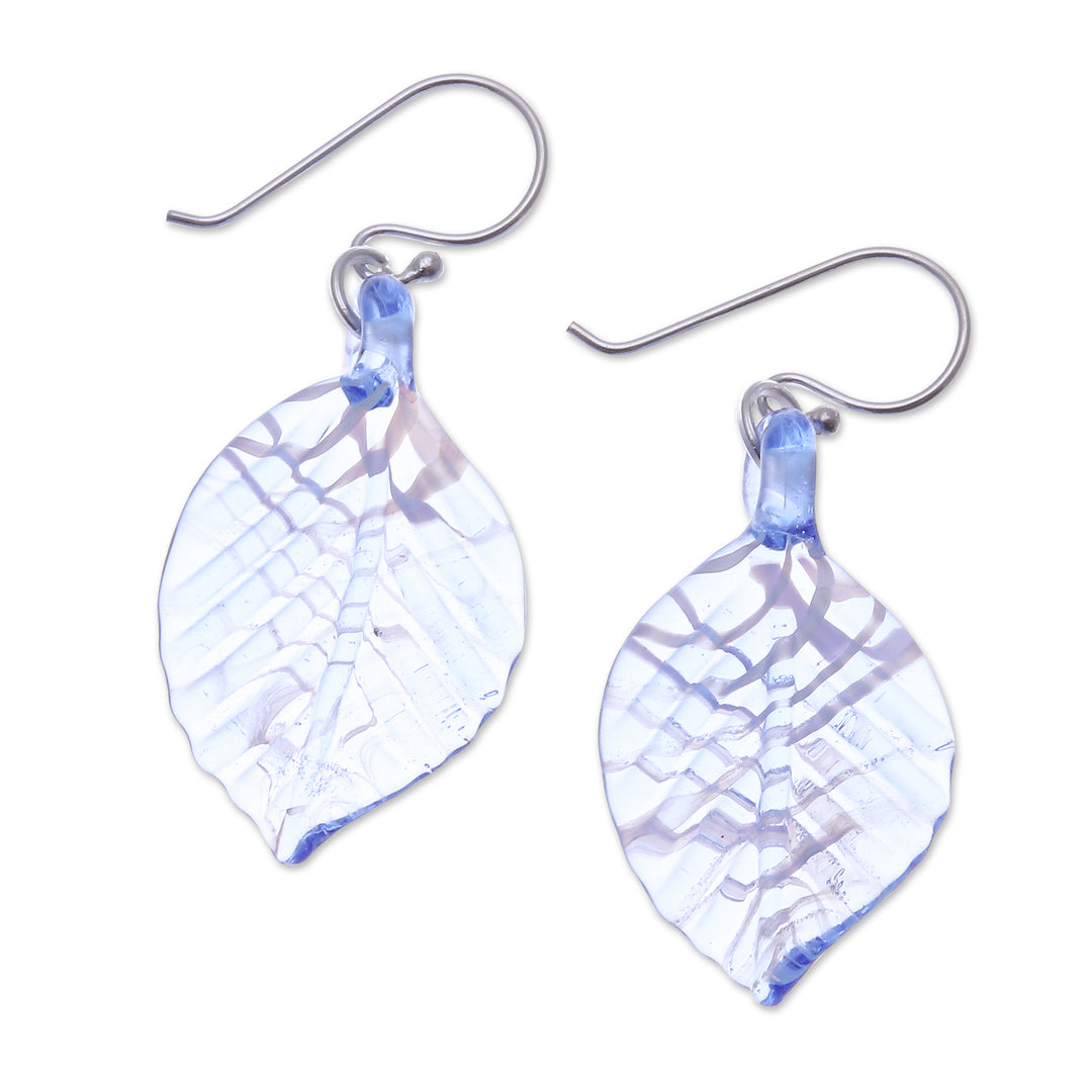 Handblown Striped Blue and Clear Glass Leaf Dangle Earrings - Heavenly Foliage