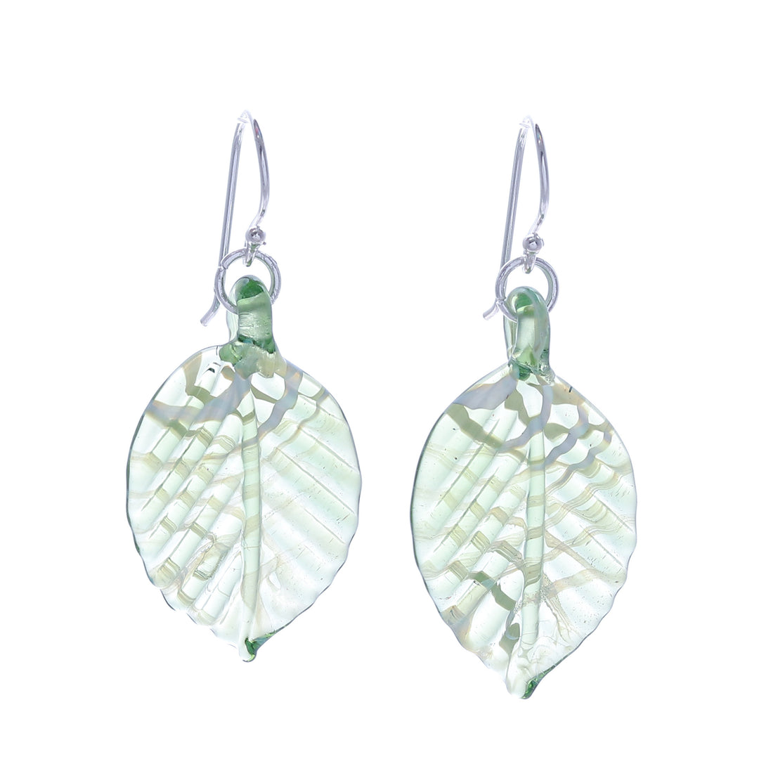 Handblown Striped Green and Clear Glass Leaf Dangle Earrings - Harmonious Foliage