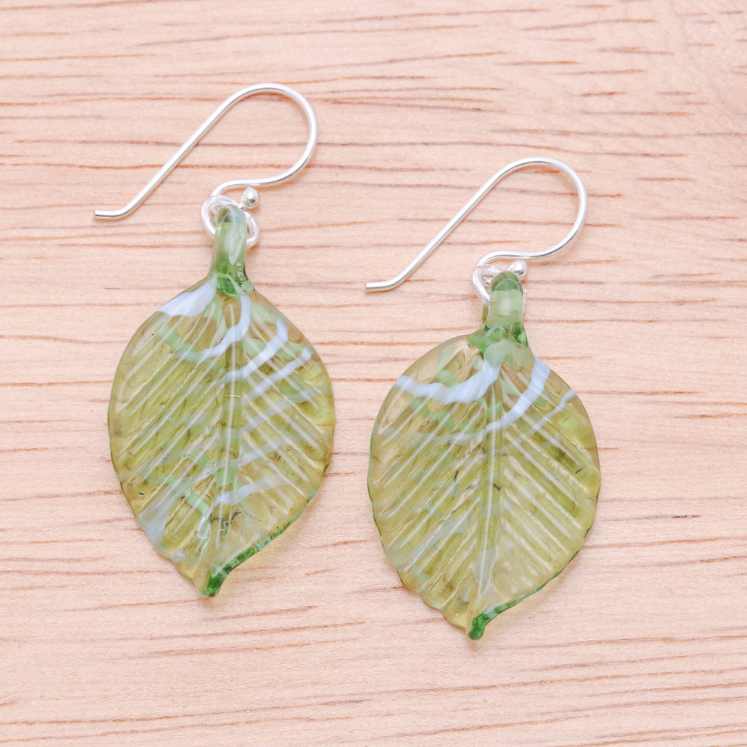 Handblown Striped Green and Clear Glass Leaf Dangle Earrings - Harmonious Foliage