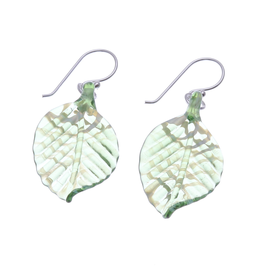 Handblown Striped Green and Clear Glass Leaf Dangle Earrings - Harmonious Foliage