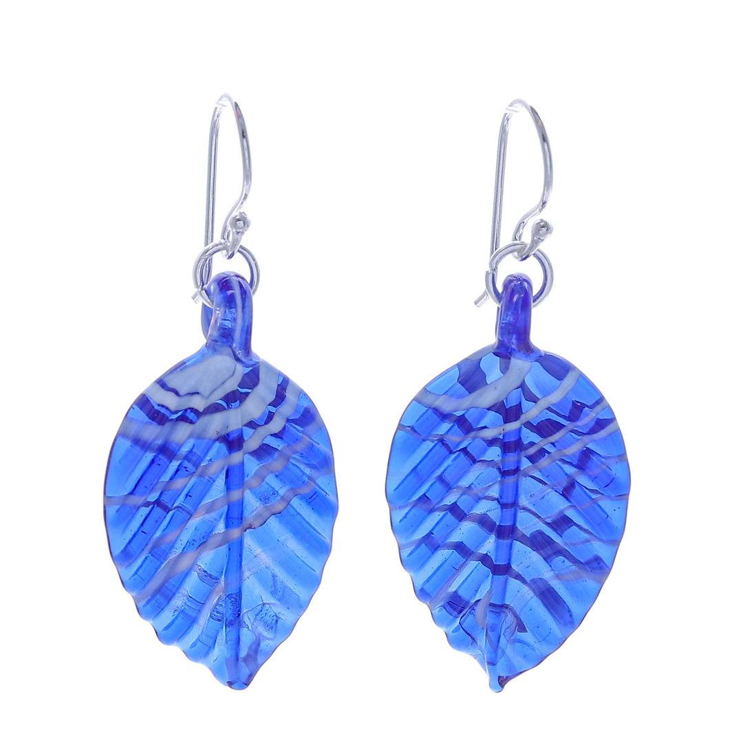 Handblown Leaf-Shaped Striped Blue Glass Dangle Earrings - Foliage in Blue