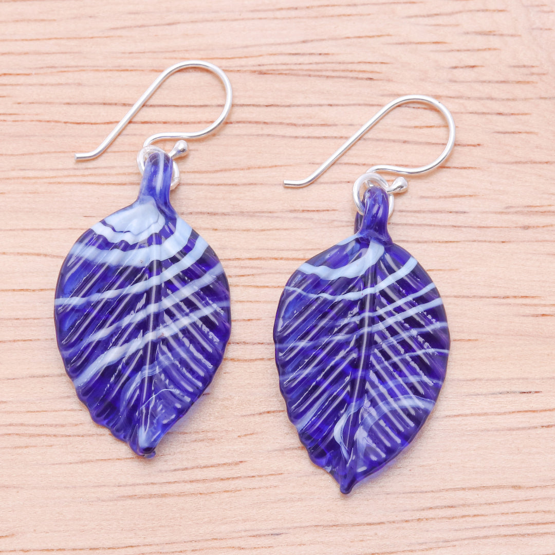 Handblown Leaf-Shaped Striped Blue Glass Dangle Earrings - Foliage in Blue