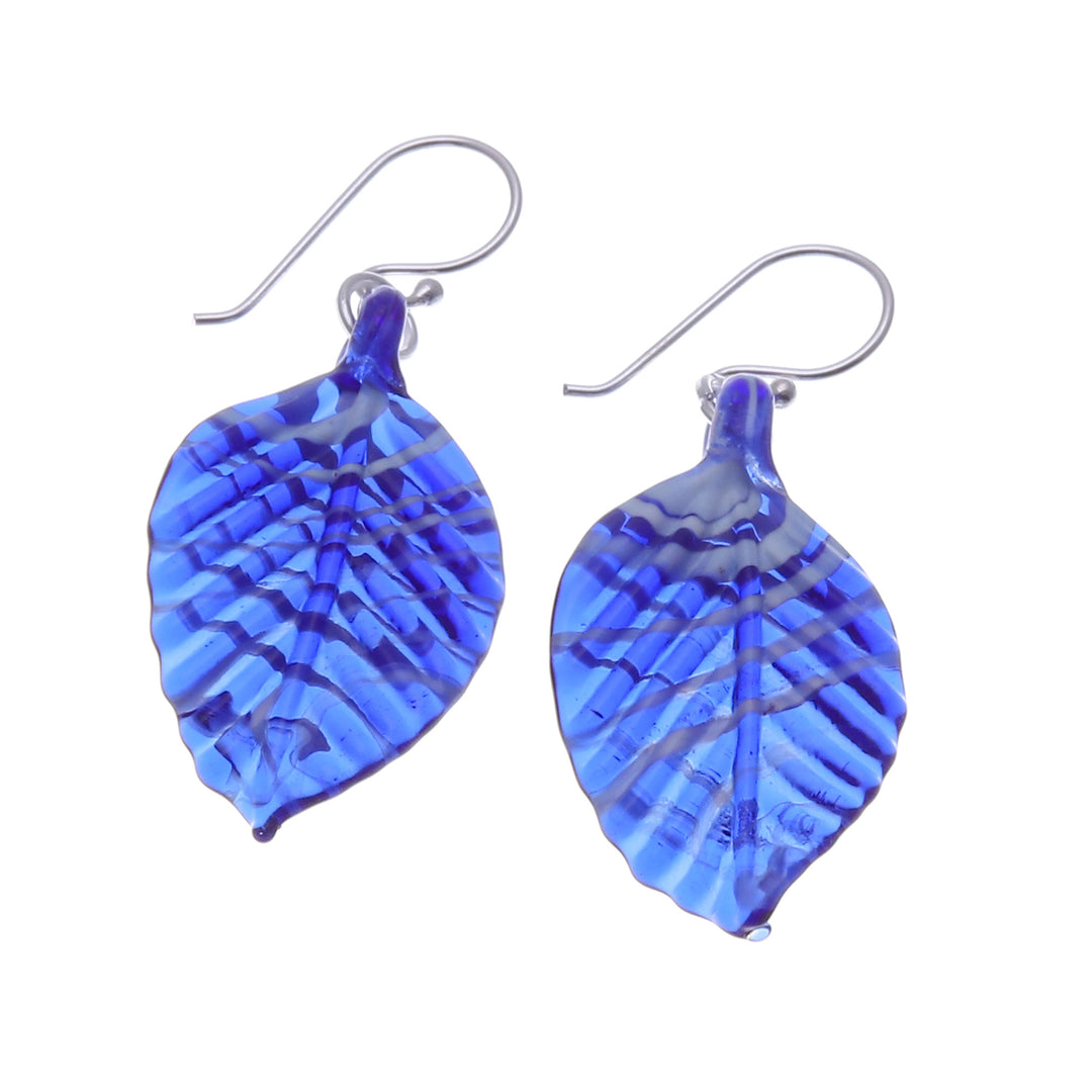 Handblown Leaf-Shaped Striped Blue Glass Dangle Earrings - Foliage in Blue