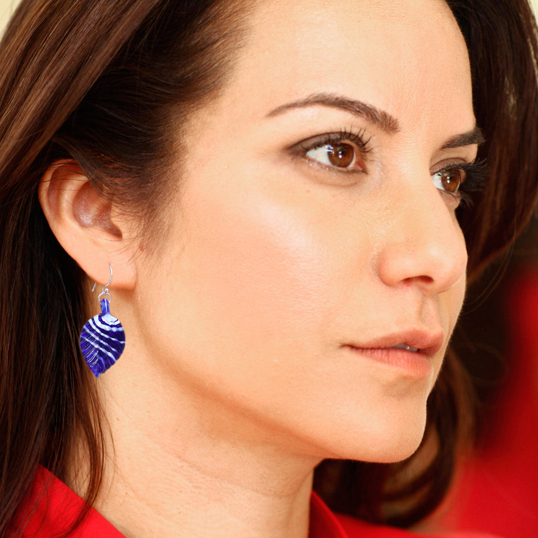 Handblown Leaf-Shaped Striped Blue Glass Dangle Earrings - Foliage in Blue