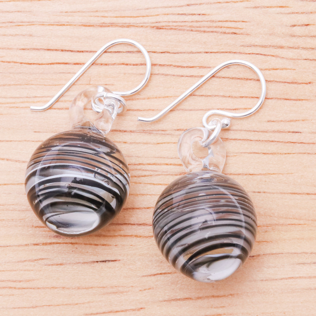 Handblown Black Swirl Patterned Glass Dangle Earrings - Little Whirlpool