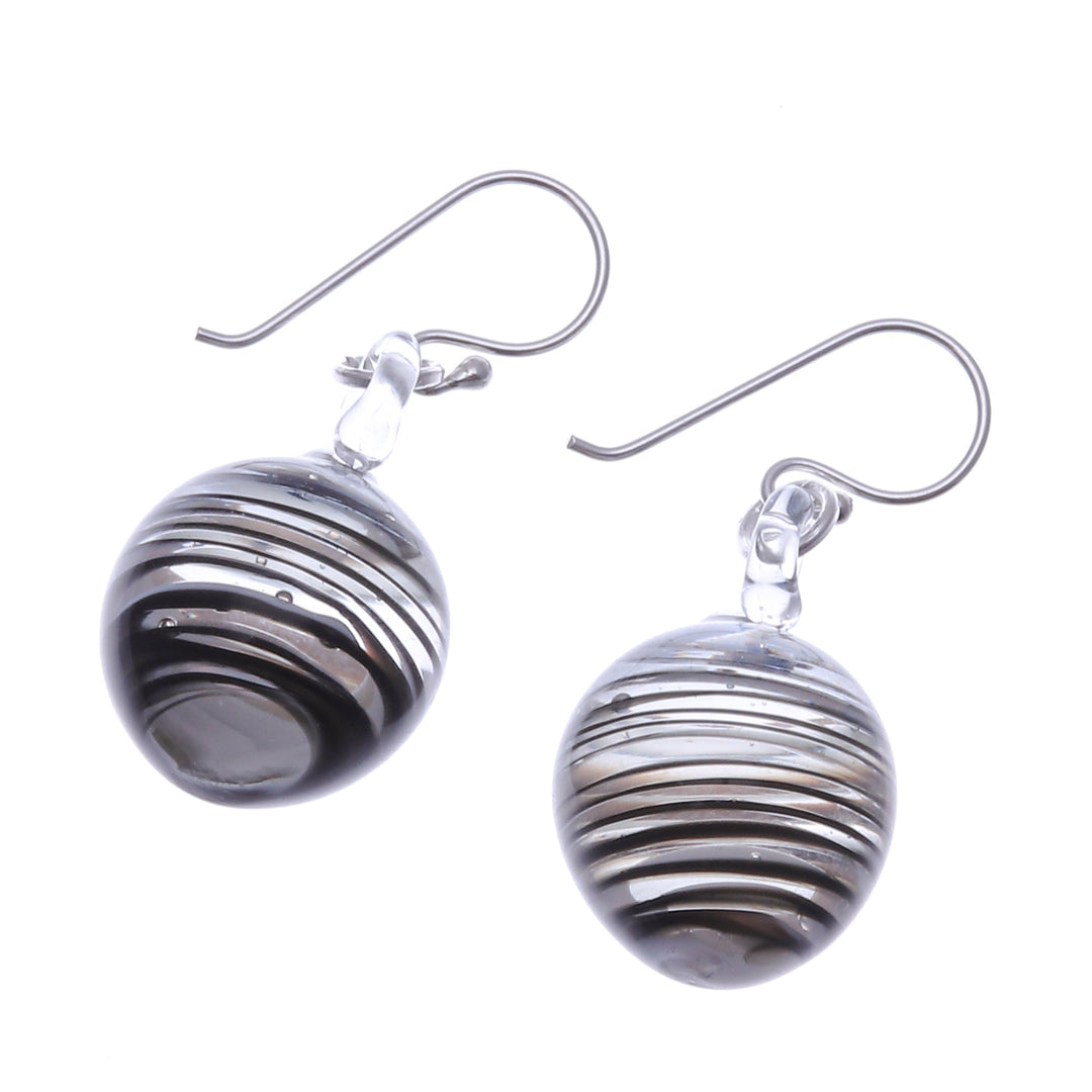 Handblown Black Swirl Patterned Glass Dangle Earrings - Little Whirlpool