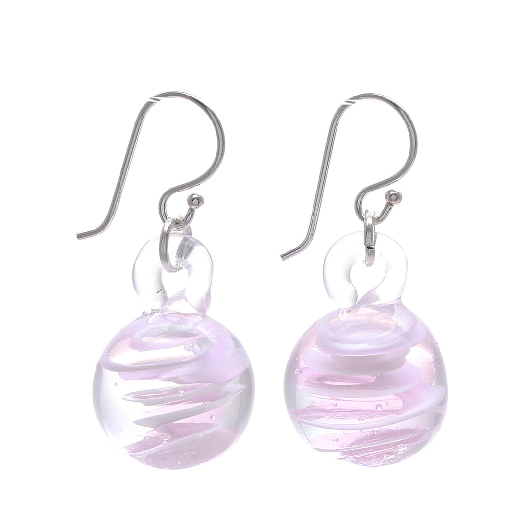 Handblown Glass Dangle Earrings with Pink & White Spirals - Pink Ball