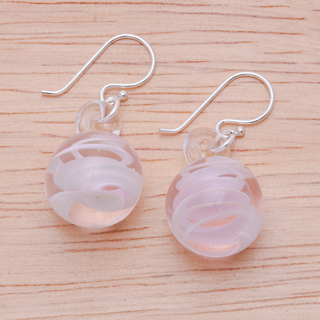 Handblown Glass Dangle Earrings with Pink & White Spirals - Pink Ball