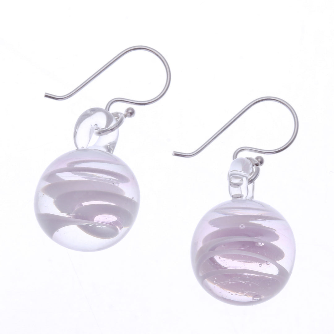Handblown Glass Dangle Earrings with Pink & White Spirals - Pink Ball