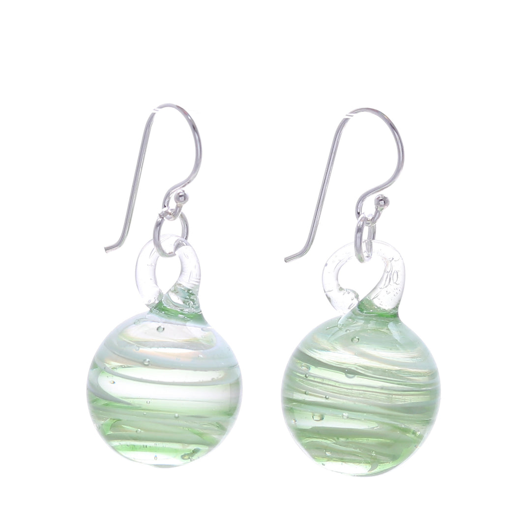 Handblown Glass Dangle Earrings with Green & White Spirals - Green Ball