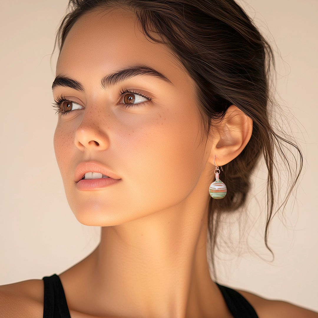 Handblown Glass Dangle Earrings with Green & White Spirals - Green Ball