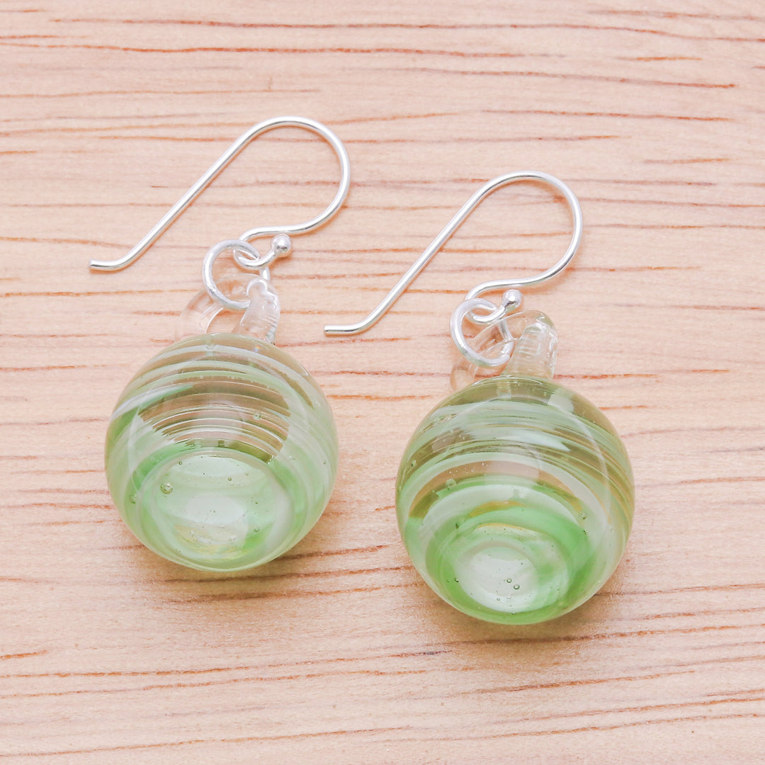 Handblown Glass Dangle Earrings with Green & White Spirals - Green Ball