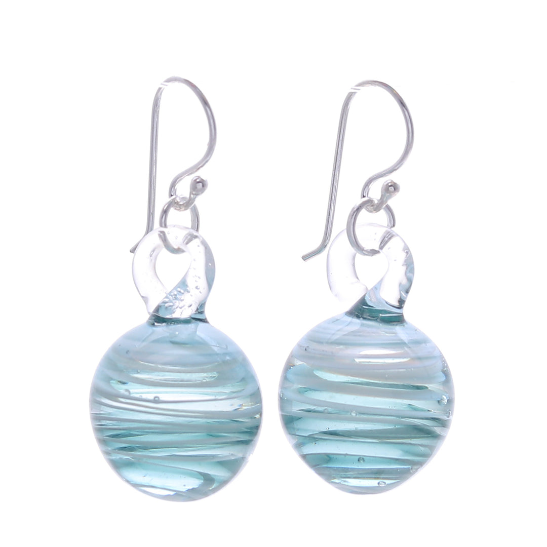 Blown Glass Dangle Earrings with Light Blue & White Spirals - Light Blue Ball