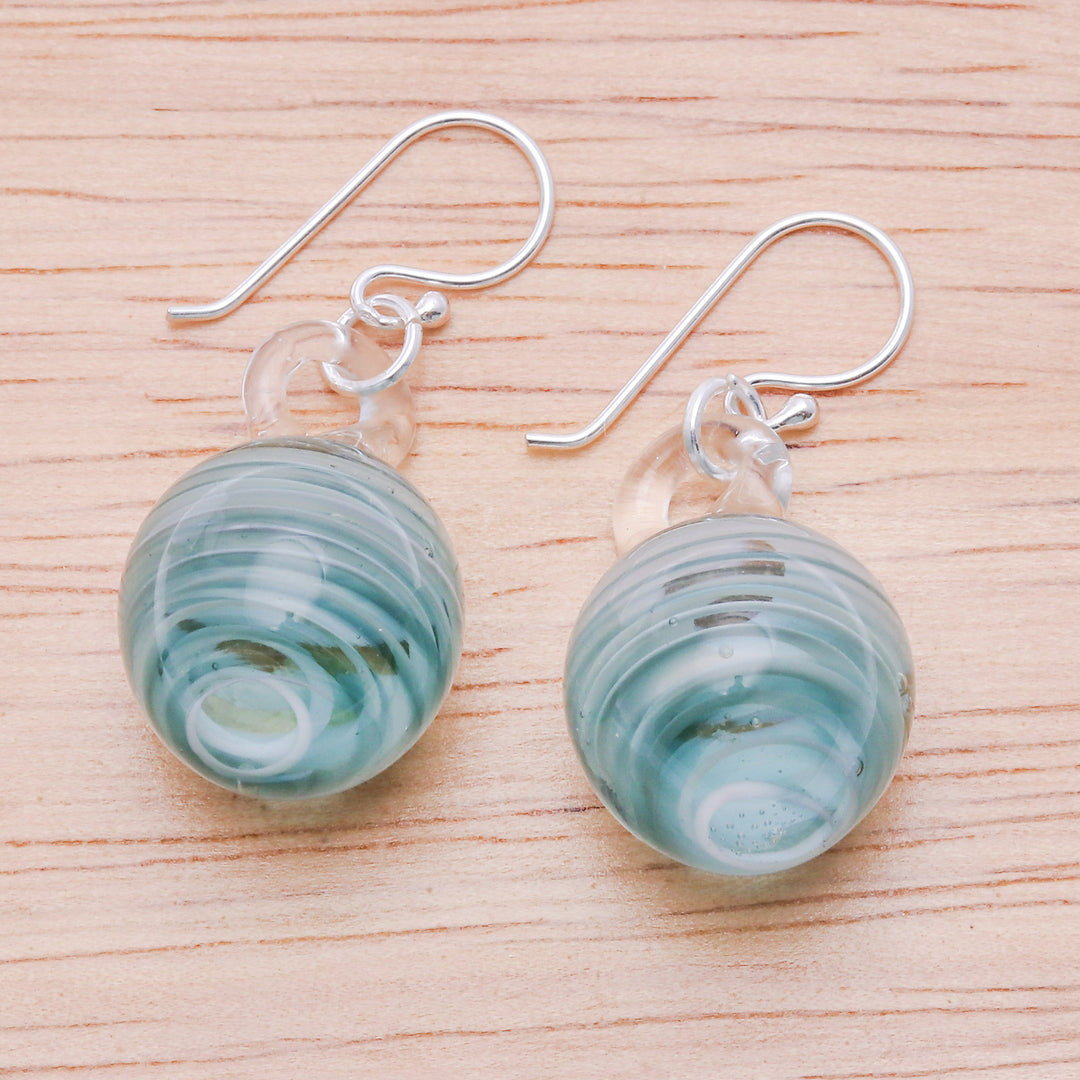 Blown Glass Dangle Earrings with Light Blue & White Spirals - Light Blue Ball