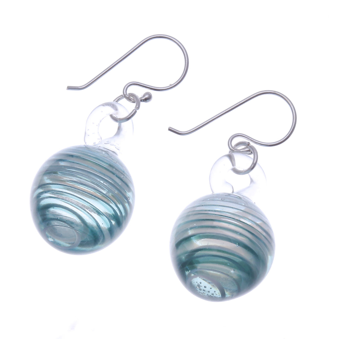 Blown Glass Dangle Earrings with Light Blue & White Spirals - Light Blue Ball