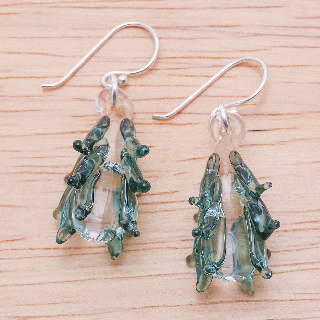 Tree-Inspired Handblown Glass Dangle Earrings in Teal - Teal Tree