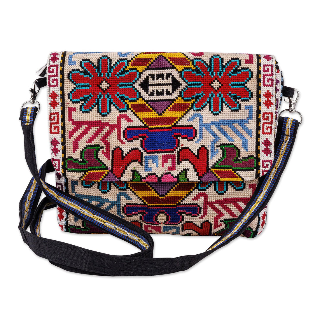 Floral Embroidered Viscose Sling Bag with Snap Flap Closure - Noble Miss