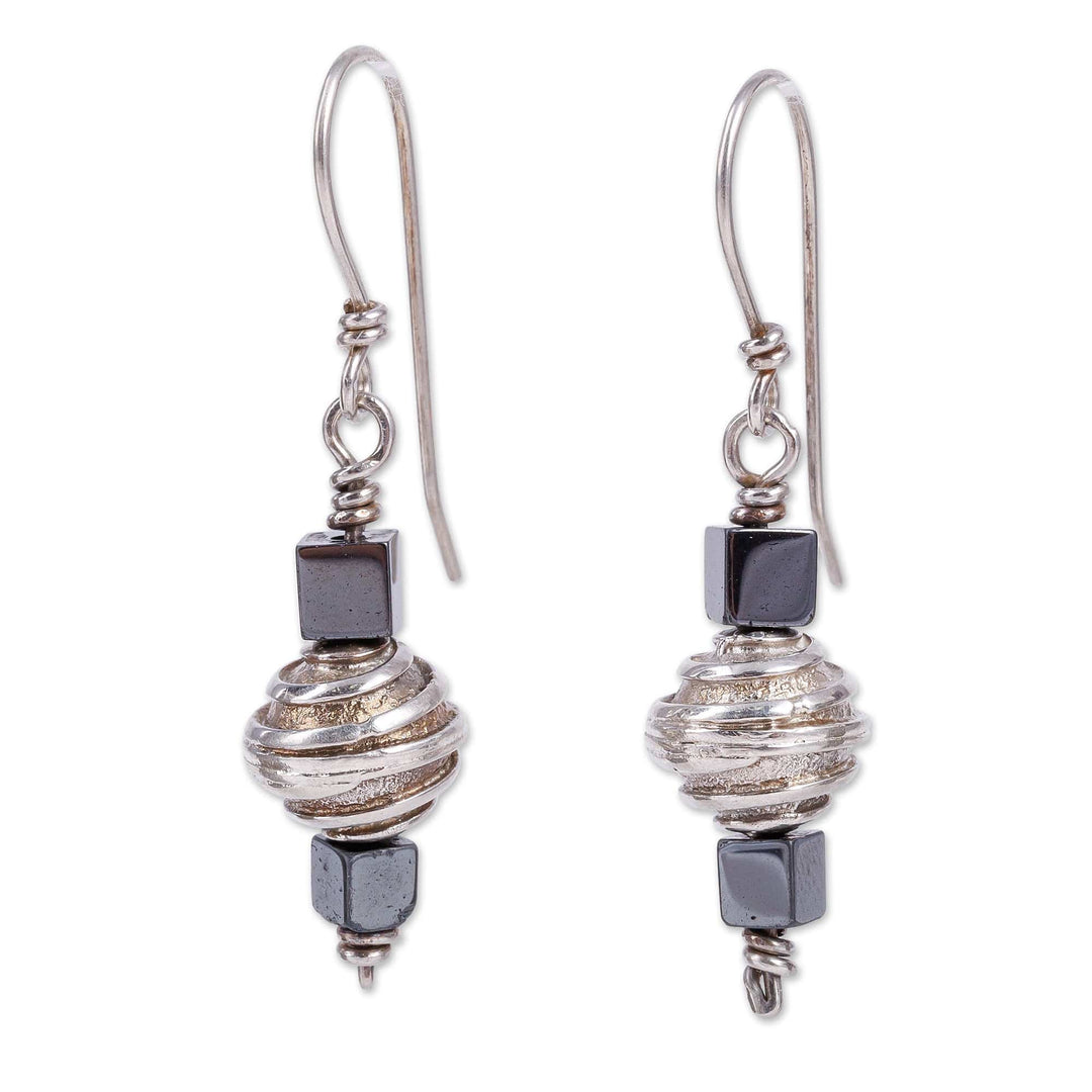 Spiral Sterling Silver and Natural Hematite Dangle Earrings - Spiral of Protection
