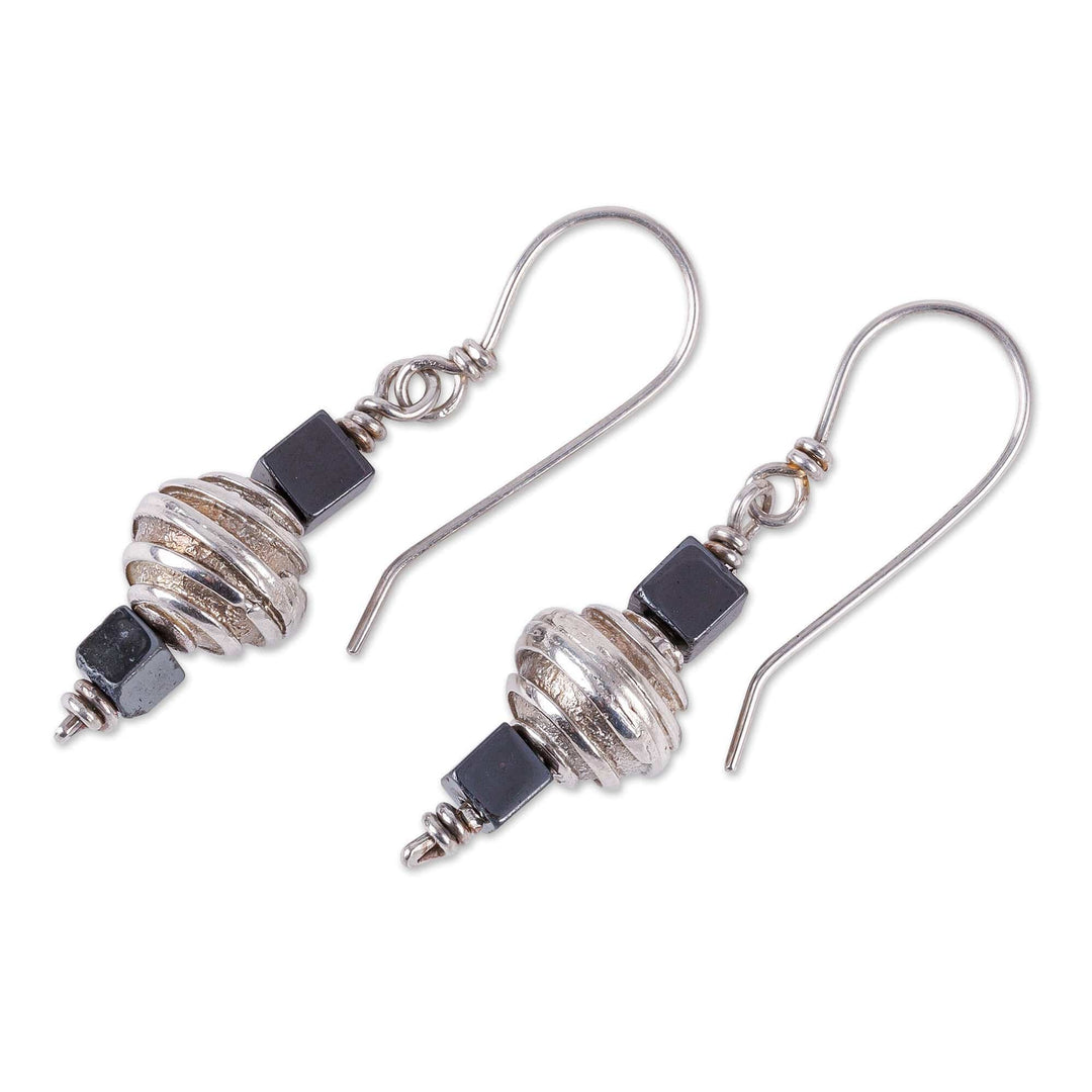 Spiral Sterling Silver and Natural Hematite Dangle Earrings - Spiral of Protection
