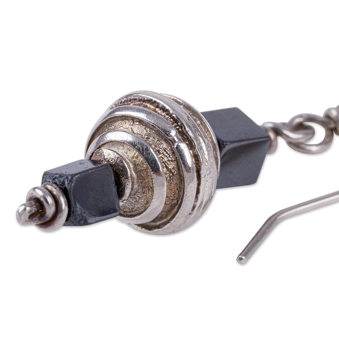 Spiral Sterling Silver and Natural Hematite Dangle Earrings - Spiral of Protection