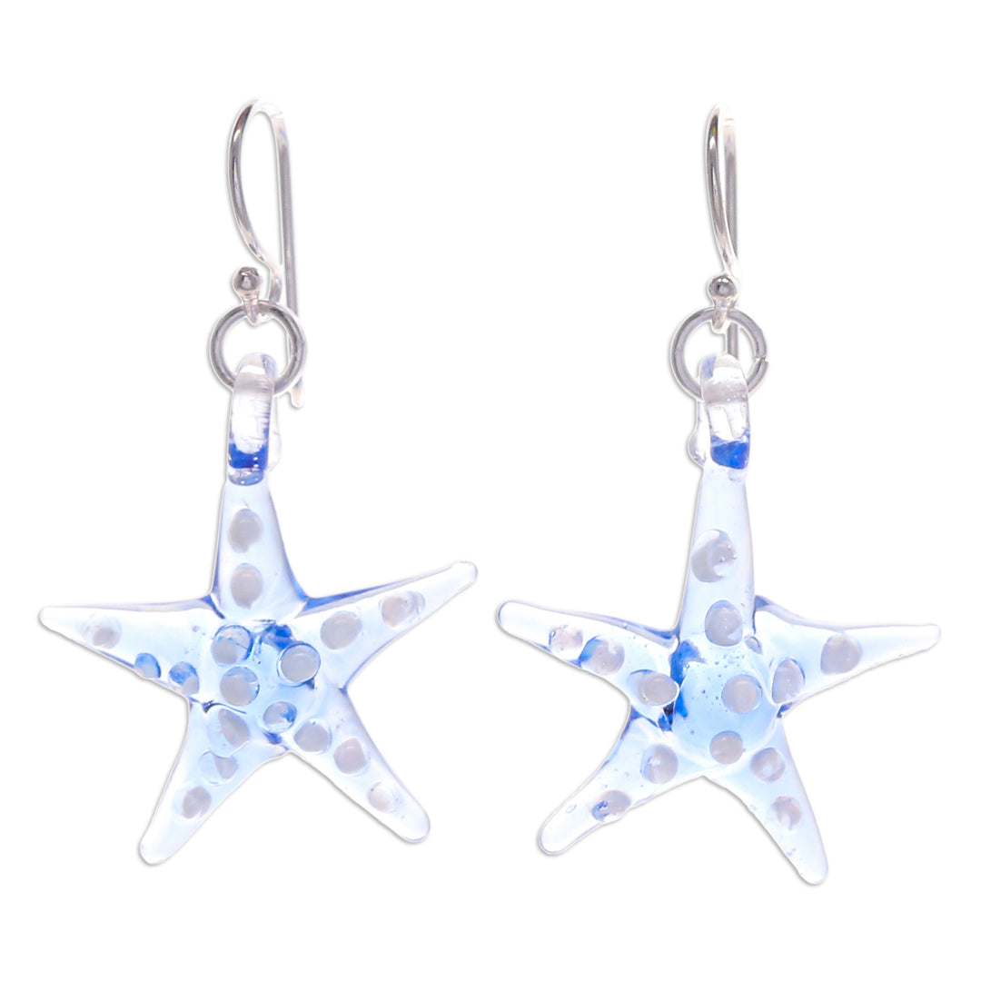 Light Blue & White Handblown Glass Starfish Dangle Earrings - Light Blue Starfish