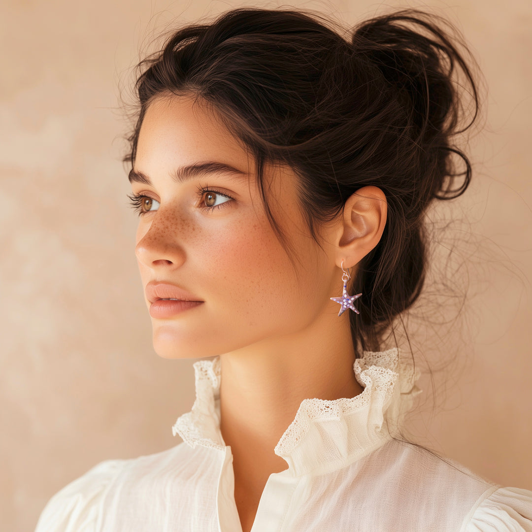 Light Blue & White Handblown Glass Starfish Dangle Earrings - Light Blue Starfish