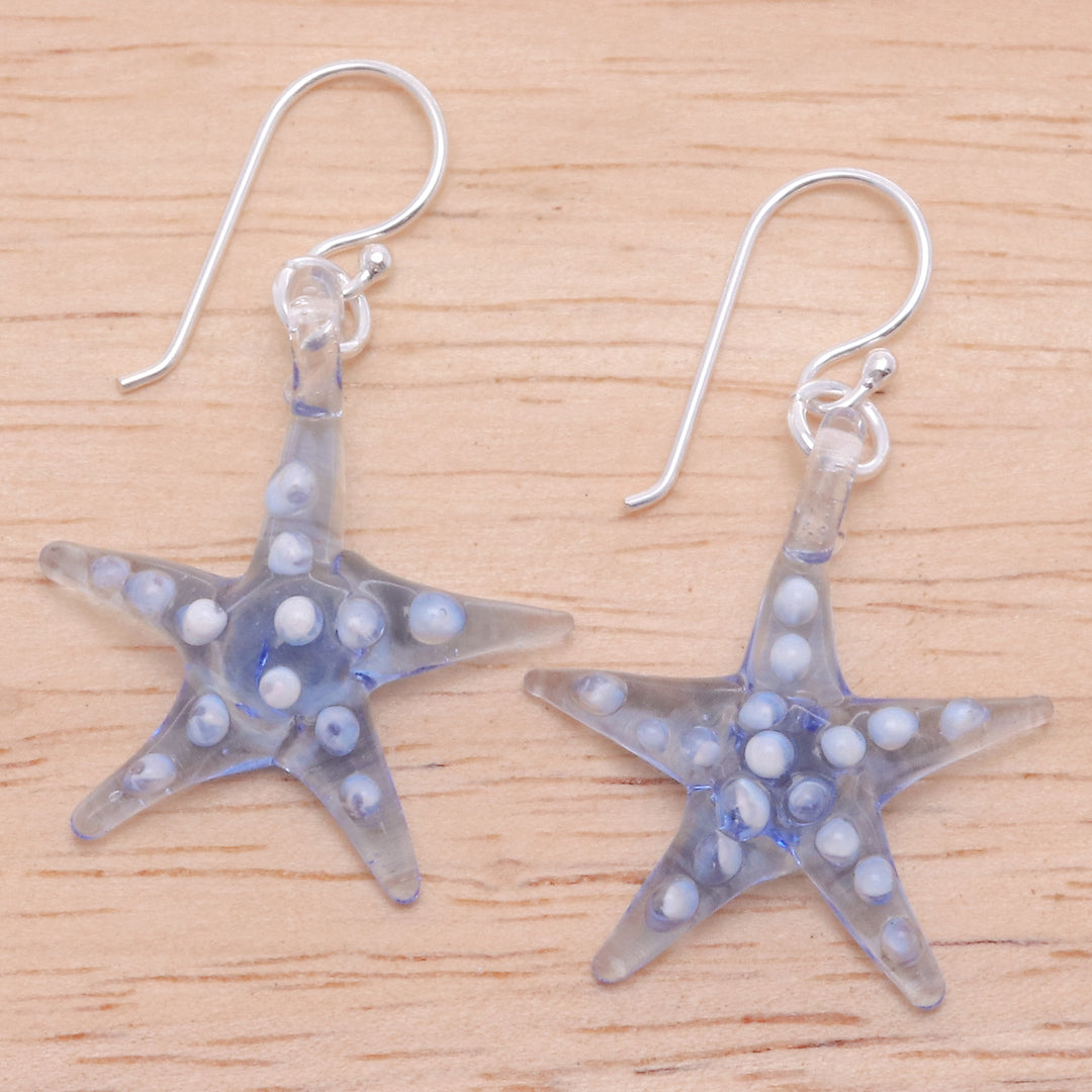 Light Blue & White Handblown Glass Starfish Dangle Earrings - Light Blue Starfish