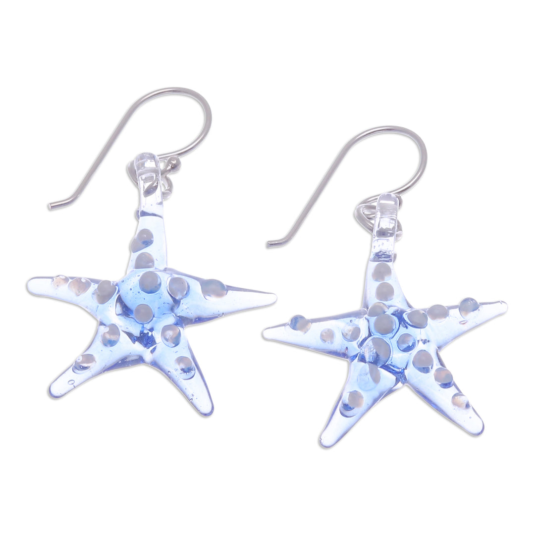 Light Blue & White Handblown Glass Starfish Dangle Earrings - Light Blue Starfish
