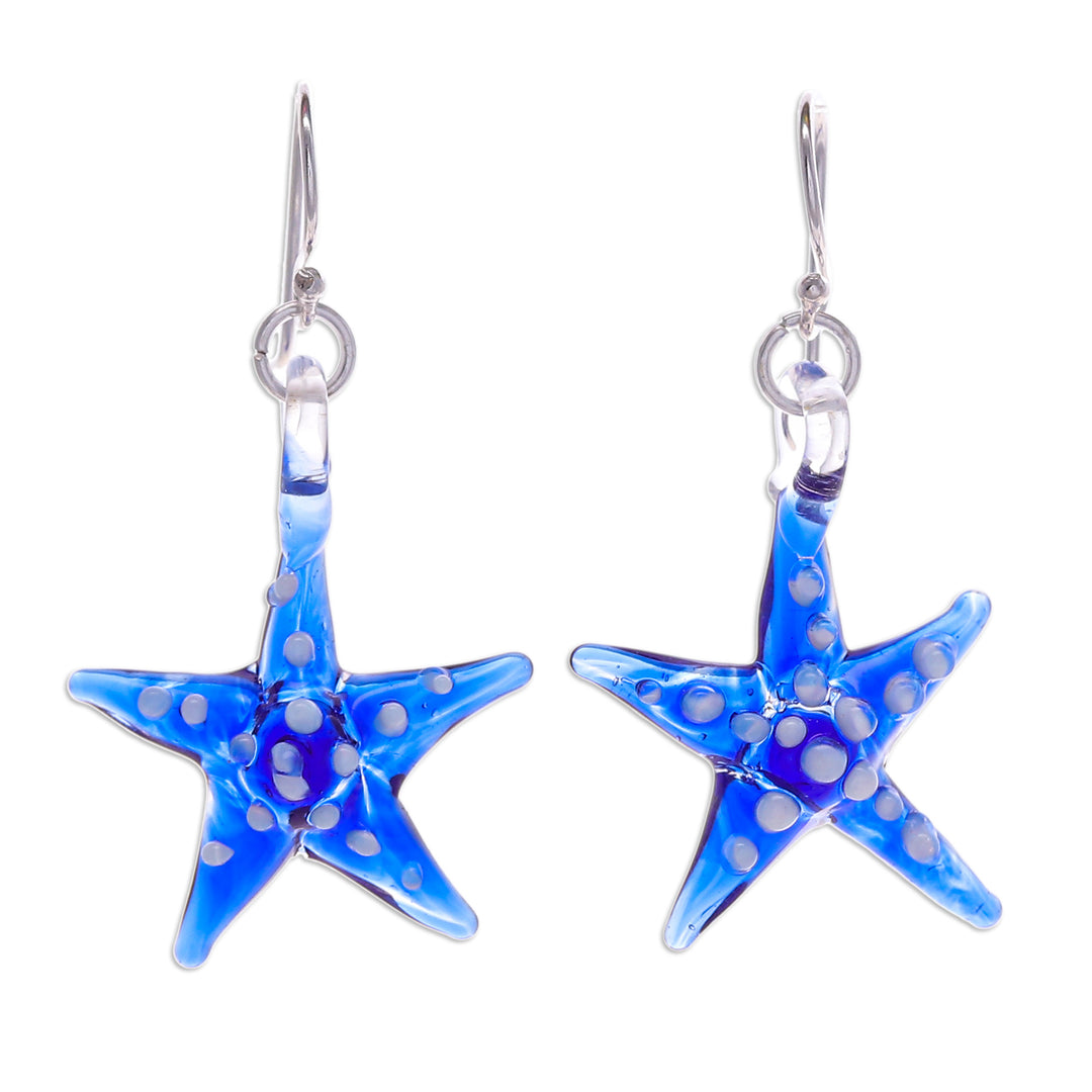 Blue & White Handblown Glass Starfish Dangle Earrings - Azure Starfish
