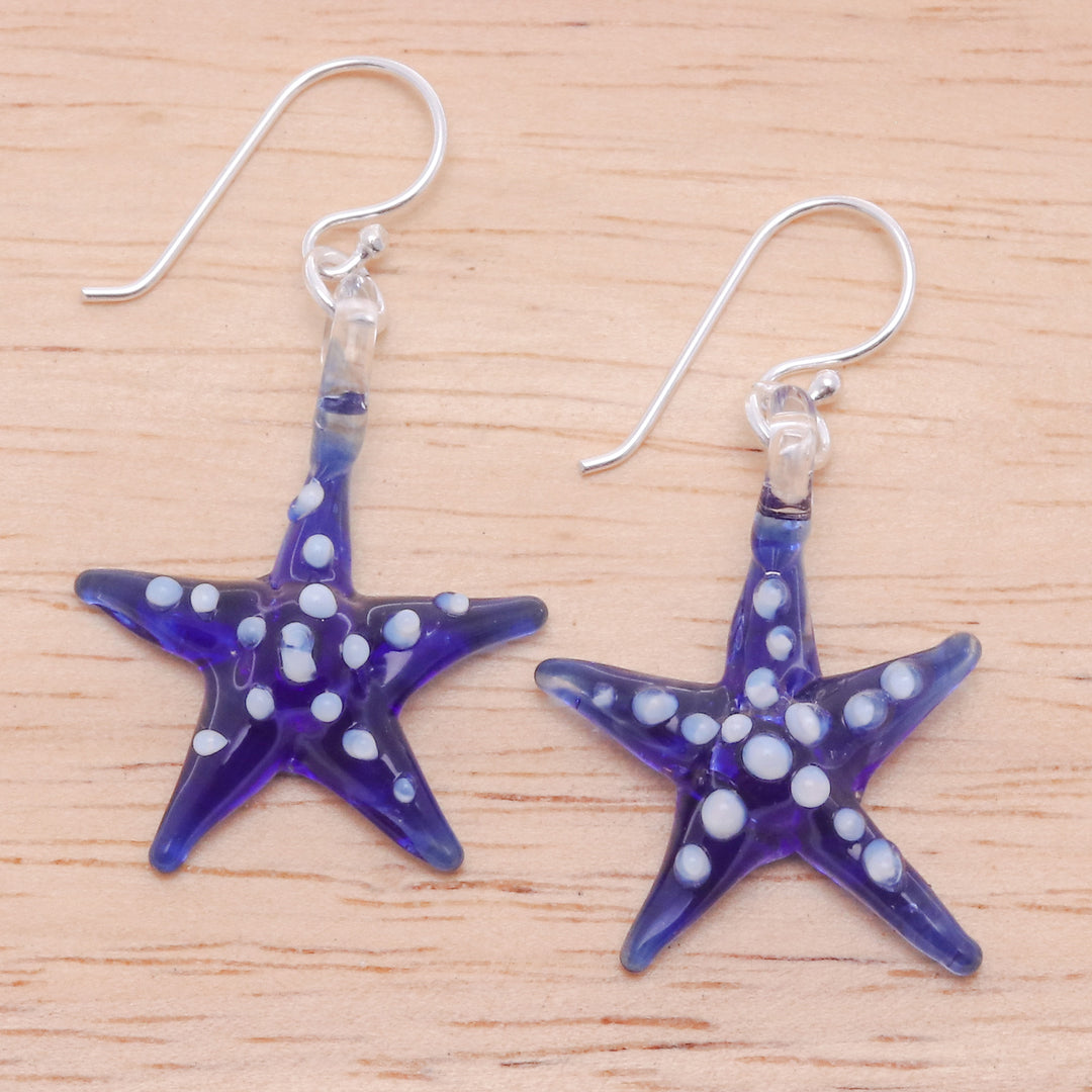 Blue & White Handblown Glass Starfish Dangle Earrings - Azure Starfish