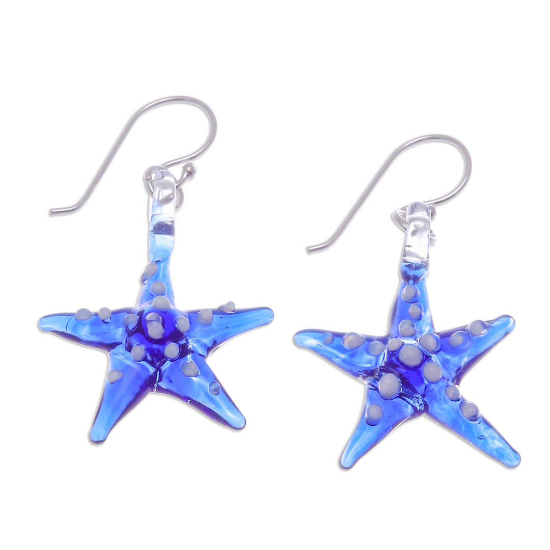 Blue & White Handblown Glass Starfish Dangle Earrings - Azure Starfish