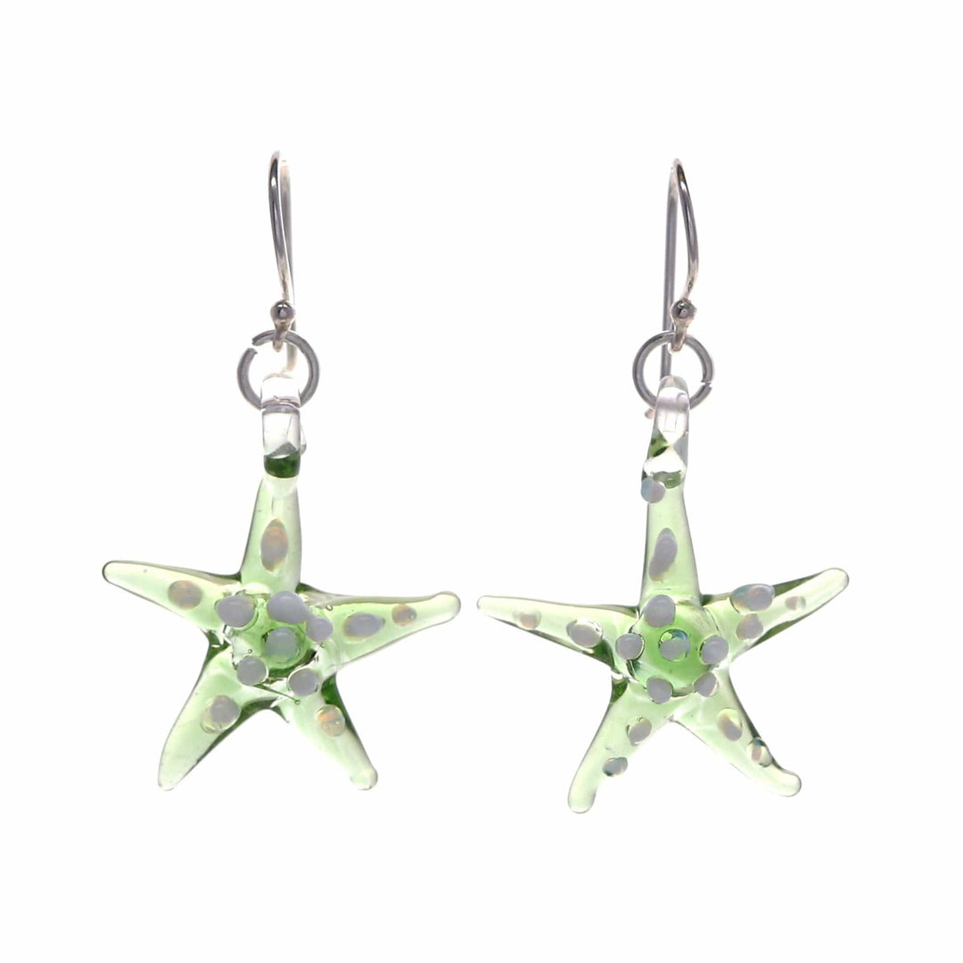 Green & White Handblown Glass Starfish Dangle Earrings - Green Starfish
