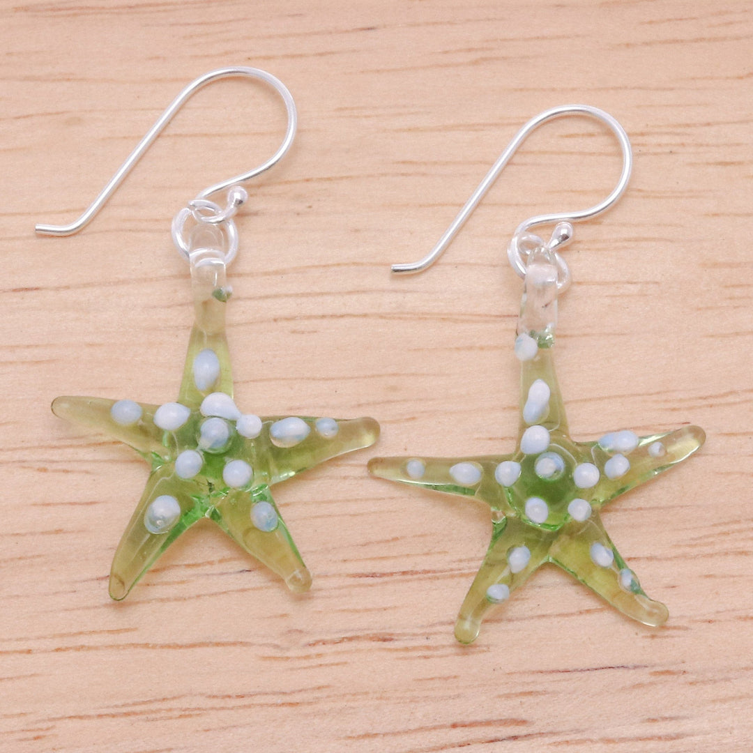 Green & White Handblown Glass Starfish Dangle Earrings - Green Starfish