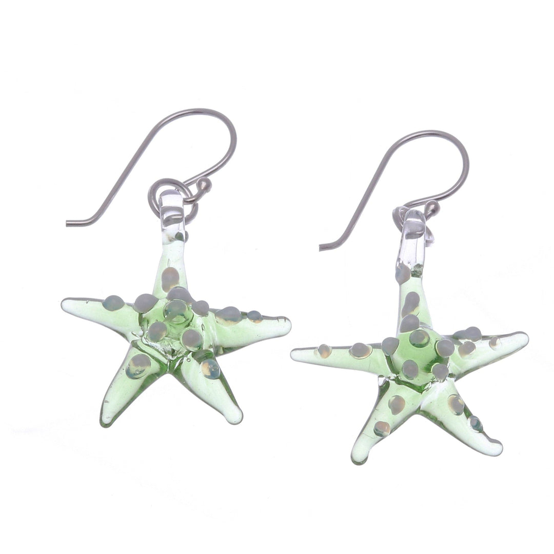 Green & White Handblown Glass Starfish Dangle Earrings - Green Starfish